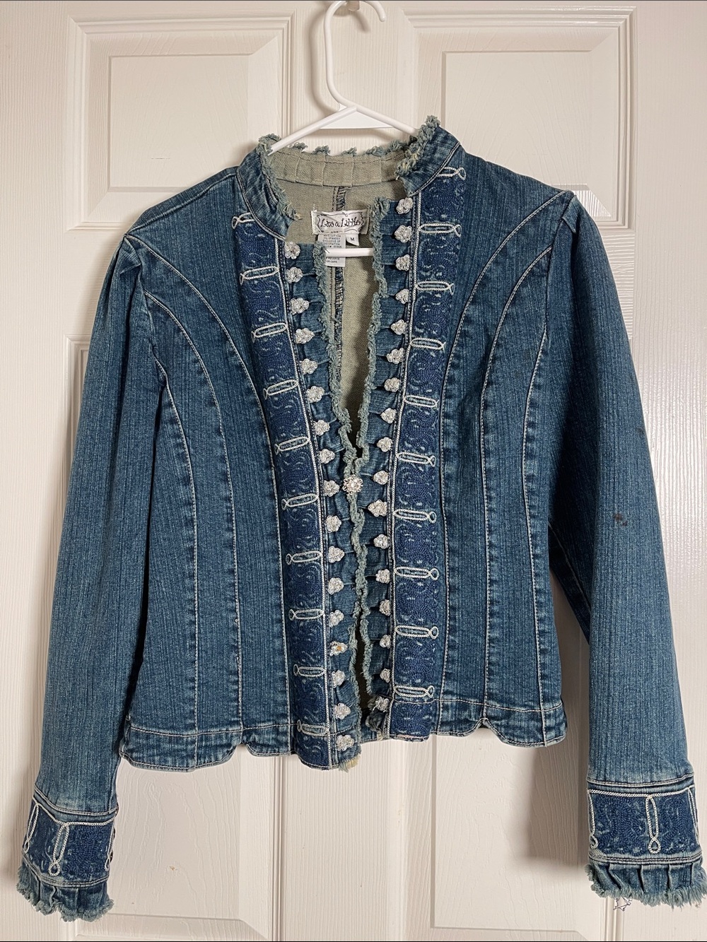 Live a Little Blue Denim Jacket with Frayed Trim and Embroidered Front